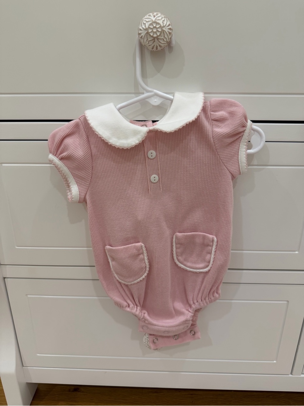 Baby Ribbed Peter Pan Collar One-Piece in Pink with White Trim